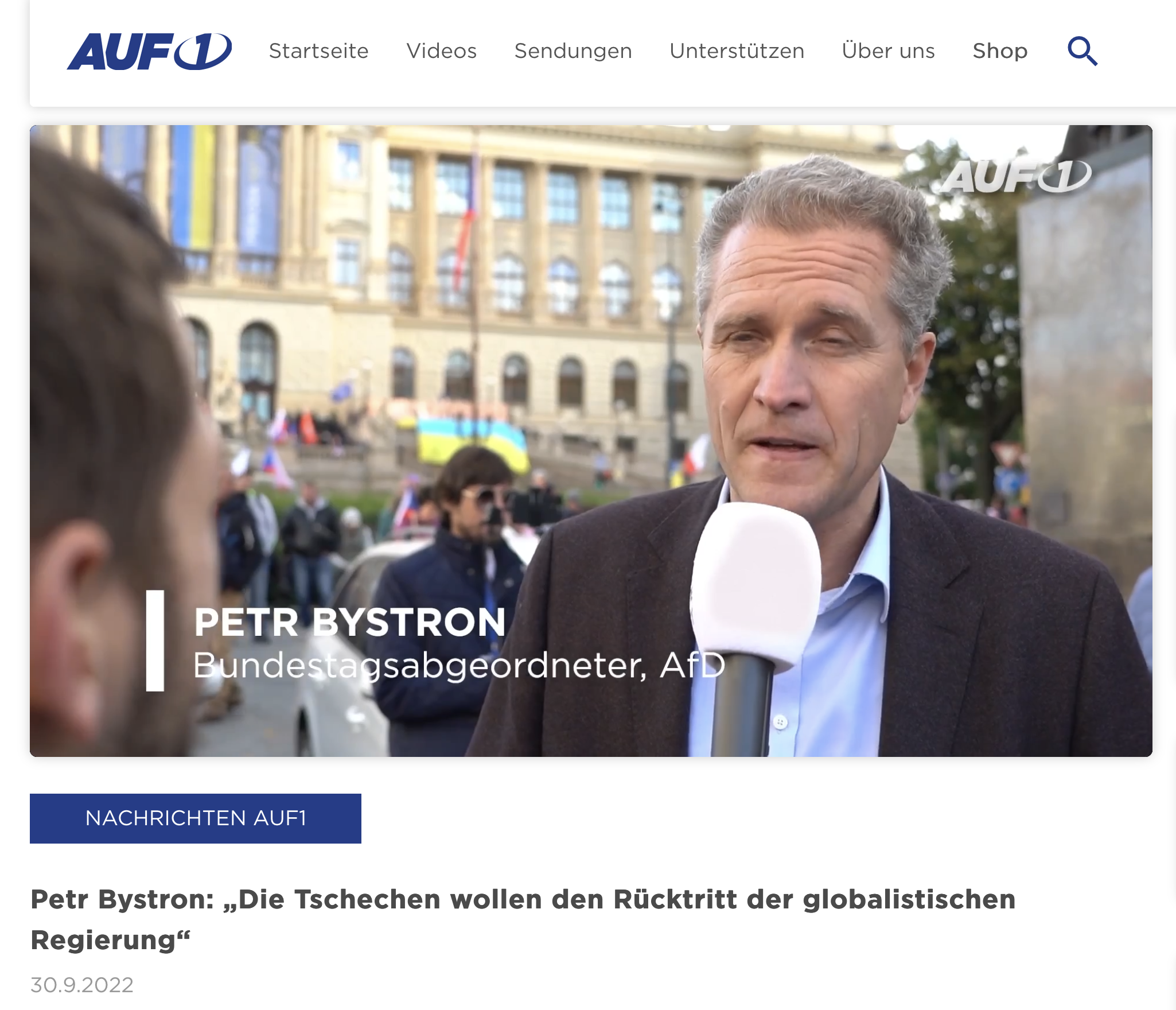 Der Bundestagsabgeordnete Petr Bystron (AfD-Europalistenplatz 2) bewirbt auf Telegram sein Interview mit der verschwörungsideologischen und rechtsextremen Webseite AUF1