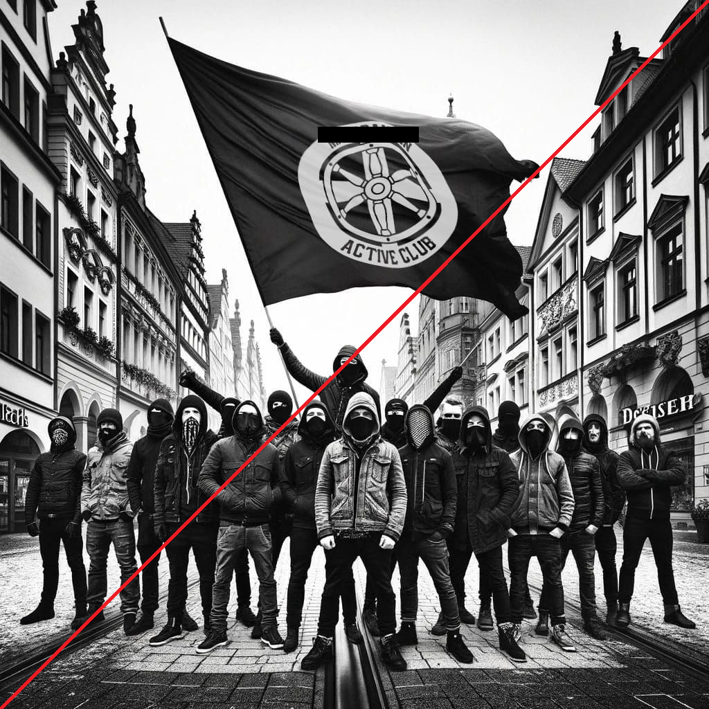 A group of about 20 men wearing hoodies and balaclavas, standing in the street, and holding a large flag with the logo of an Active Club. The image has multiple inconsistencies with facial features, lighting, text, and scaling, indicating it was likely AI-generated.