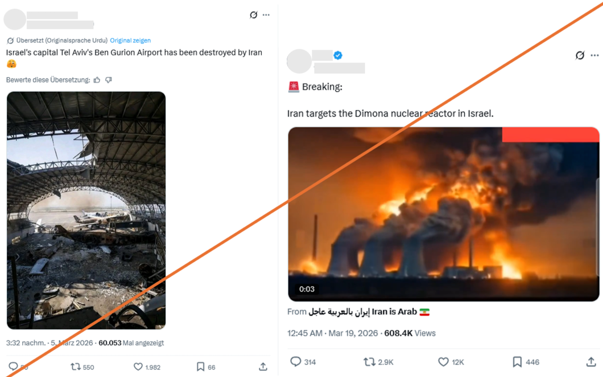 Abbildung 1: Posts, die angebliche Schläge Irans gegen den Ben-Gurion-Flughafen und die Nuklearanlage in Dimona mit falschen Bildern belegen.