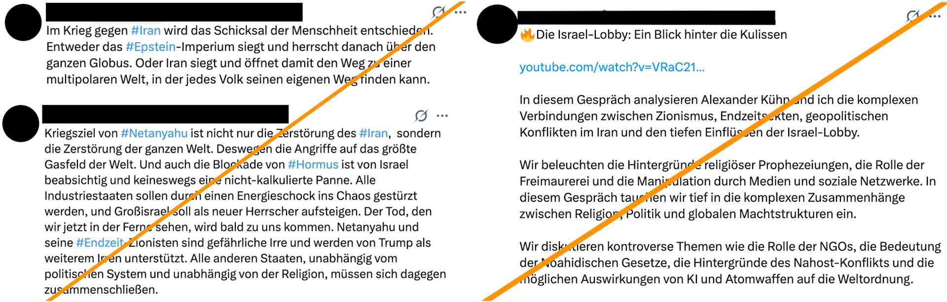Abbildung 2: Posts auf X, als Reaktionen auf die Angriffe gegen den Iran, in denen antisemitische Chiffren zur Weltbeherrschung bedient werden.