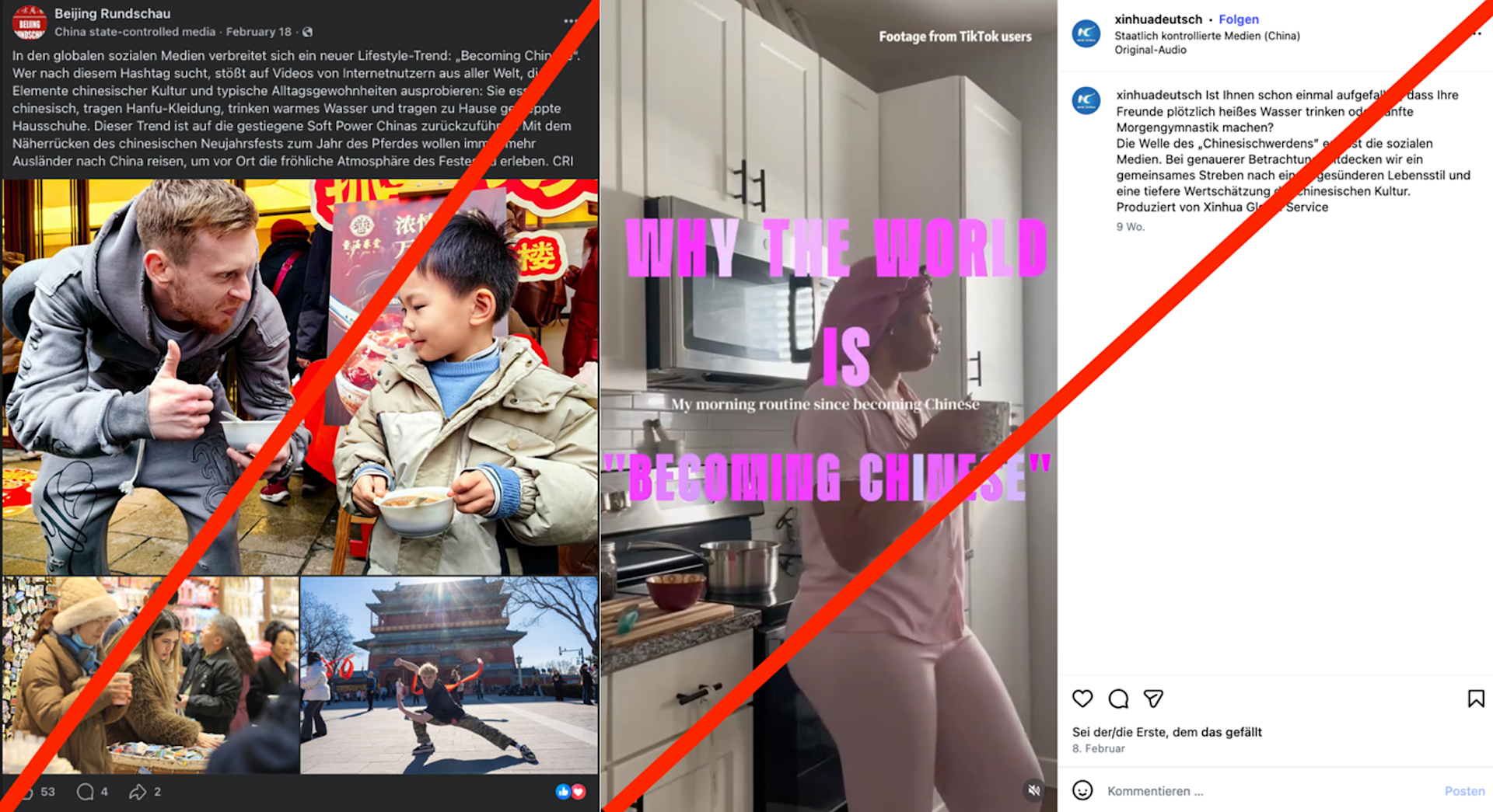 Abbildung 3: Screenshots von Beiträgen chinesischer Auslandsmedien. China möchte sich als international beliebtes Land darstellen, das gerade einer jungen Generation als Identifikationspunkt dient. China nutzt das Social Media Phänomen „Chinamaxxing“.